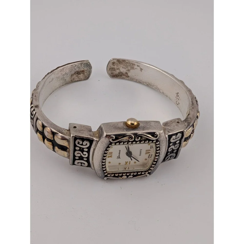 Geneva Platinum Watch‎ Women 21mm Two Tone Open Cuff Bangle Band-New Battery